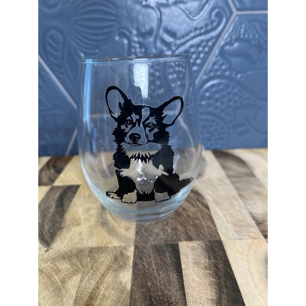 Corgi Dog Stemless Wine Glass Black Silhouette Etched Vinyl Design 12oz